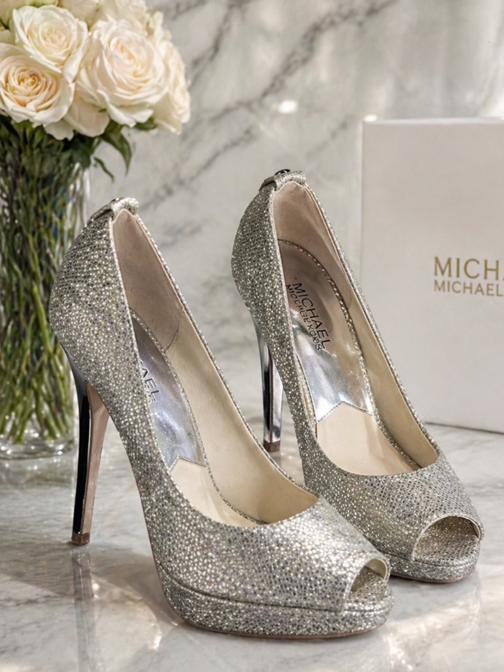 Michael Kors Glitter Peep Toe Platform Pumps